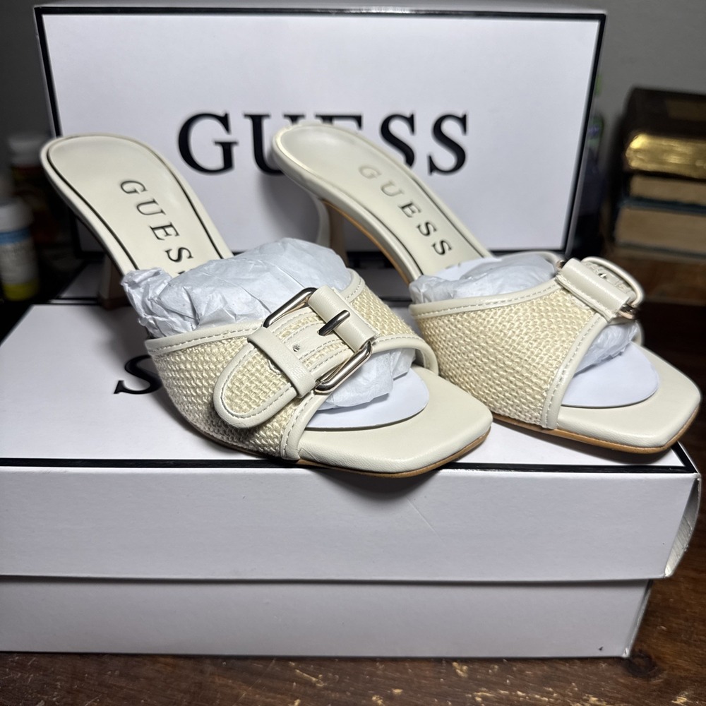 Women's GUESS Dista Buckle Kitten Heel Dress Sandals Ivory Woven Raffia